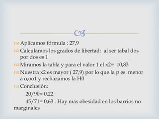 
 Aplicamos fórmula : 27,9
 Calculamos los grados de libertad: al ser tabal dos
por dos es 1
 Miramos la tabla y para el valor 1 el x2= 10,83
 Nuestra x2 es mayor ( 27,9) por lo que la p es menor
a o,oo1 y rechazamos la H0
 Conclusión:
20/90= 0,22
45/71= 0,63 . Hay más obesidad en los barrios no
marginales
 