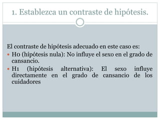 1. Establezca un contraste de hipótesis.
El contraste de hipótesis adecuado en este caso es:
 H0 (hípótesis nula): No influye el sexo en el grado de
cansancio.
 H1 (hipótesis alternativa): El sexo influye
directamente en el grado de cansancio de los
cuidadores
 
