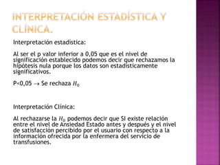 Interpretación estadística:
Al ser el p valor inferior a 0,05 que es el nivel de
significación establecido podemos decir que rechazamos la
hipótesis nula porque los datos son estadísticamente
significativos.
P<0,05  Se rechaza 𝐻0
Interpretación Clínica:
Al rechazarse la 𝐻0 podemos decir que SI existe relación
entre el nivel de Ansiedad Estado antes y después y el nivel
de satisfacción percibido por el usuario con respecto a la
información ofrecida por la enfermera del servicio de
transfusiones.
 
