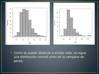 • Como se puede observar a simple vista, no sigue
una distribución normal como en la campana de
gauss.
 