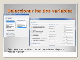 Seleccionar las dos variablesSeleccionar las dos variables
Seleccionar línea de mínimo cuadrado para que sea dibujada la
recta de regresión
 