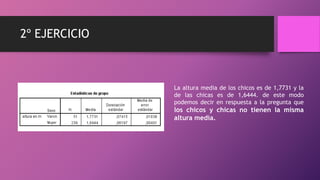 2º EJERCICIO
La altura media de los chicos es de 1,7731 y la
de las chicas es de 1,6444. de este modo
podemos decir en respuesta a la pregunta que
los chicos y chicas no tienen la misma
altura media.
 