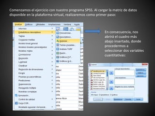 Comenzamos el ejercicio con nuestro programa SPSS. Al cargar la matriz de datos
disponible en la plataforma virtual, realizaremos como primer paso:
En consecuencia, nos
abrirá el cuadro más
abajo insertado, donde
procedermos a
seleccionar dos variables
cuantitativas:
 