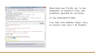 Observamos que P>0,05, por lo que
aceptamos la hipótesis nula, que
establece igualdad de varianzas.
Sí hay homocedasticidad.
Tras todo esto podemos elegir test,
en nuestro caso será T de Student.
 