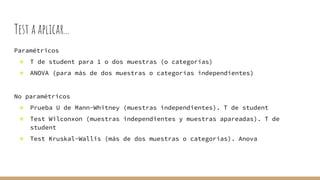 Test a aplicar...
Paramétricos
★ T de student para 1 o dos muestras (o categorías)
★ ANOVA (para más de dos muestras o categorías independientes)
No paramétricos
★ Prueba U de Mann-Whitney (muestras independientes). T de student
★ Test Wilconxon (muestras independientes y muestras apareadas). T de
student
★ Test Kruskal-Wallis (más de dos muestras o categorías). Anova
 
