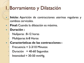 1. Borramiento y Dilatación
 Inicio: Aparición de contracciones uterinas regulares y
cambios cervicales.
 Final: Cuando la dilatación es máxima.
 Duración :
◦ Nulíparas : 8-12 horas
◦ Multíparas: 6-8 Horas
 Características de las contracciones :
◦ Frecuencia = 2-3/10 Minutos
◦ Duración = 40-60 Segundos
◦ Intensidad = 30-50 mmHg.
 