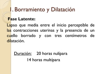 1. Borramiento y Dilatación
Fase Latente:
Lapso que media entre el inicio perceptible de
las contracciones uterinas y la presencia de un
cuello borrado y con tres centímetros de
dilatación.
Duración: 20 horas nulípara
14 horas multípara
 