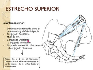 ESTRECHO SUPERIOR
a) Anteroposterior:
- Distancia más reducida entre el
promontorio y sínfisis del pubis
- Conjugado Obstétrico.
- Mide 10 cm.
- Conjugado Obstétrico
Conjugado Verdadero
- No puede ser medido directamente
el conjugado obstétrico.
Restar 1.5 a 2 cm al Conjugado
Diagonal; el cual es la distancia desde el
borde inferior de la sínfisis hasta el
promontorio.
 