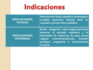 INDICACIONES
FETALES
Macrosomía fetal, expulsivo prolongado,
occipito posterior, hipoxia fetal en
expulsivo, pretermino, podálica.
INDICACIONES
MATERNAS
Evitar desgarros vulvo-vagino-perineal,
abreviar el periodo expulsivo y la
intensidad de esfuerzos de pujo, parto
vaginal instrumentalizado, impedir
prolapso urogenital e incontinencia
urinaria
 