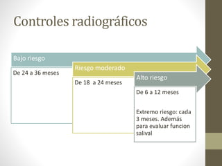 Controles radiográficos
Bajo riesgo
De 24 a 36 meses
Riesgo moderado
De 18 a 24 meses
Alto riesgo
De 6 a 12 meses
Extremo riesgo: cada
3 meses. Además
para evaluar funcion
salival
 
