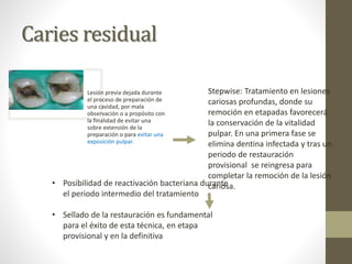 Caries residual
Lesión previa dejada durante
el proceso de preparación de
una cavidad, por mala
observación o a propósito con
la finalidad de evitar una
sobre extensión de la
preparación o para evitar una
exposición pulpar.
Stepwise: Tratamiento en lesiones
cariosas profundas, donde su
remoción en etapadas favorecerá
la conservación de la vitalidad
pulpar. En una primera fase se
elimina dentina infectada y tras un
periodo de restauración
provisional se reingresa para
completar la remoción de la lesión
cariosa.• Posibilidad de reactivación bacteriana durante
el periodo intermedio del tratamiento
• Sellado de la restauración es fundamental
para el éxito de esta técnica, en etapa
provisional y en la definitiva
 