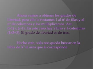 Ahora vamos a obtener los grados de
libertad, para ello le restamos 1 al nº de filas y al
nº de columnas y los multiplicamos. Así:
(f-1) x (c-1). En este caso hay 2 filas y 4 columnas
(1x3=3). El grado de libertad es de tres.
Hecho esto, sólo nos queda buscar en la
tabla de X2 el área que le corresponde
 