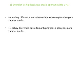 1)-Enunciar las hipótesis que creáis oportunas (Ho y H1)
• Ho: no hay diferencia entre tomar hipnóticos o placebos para
tratar el sueño.
• H1: si hay diferencia entre tomar hipnóticos o placebos para
tratar el sueño.
 