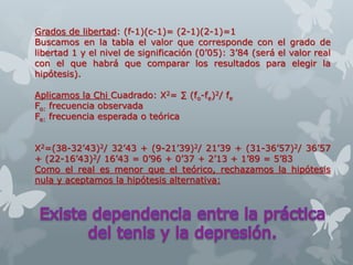 Grados de libertad: (f-1)(c-1)= (2-1)(2-1)=1
Buscamos en la tabla el valor que corresponde con el grado de
libertad 1 y el nivel de significación (0’05): 3’84 (será el valor real
con el que habrá que comparar los resultados para elegir la
hipótesis).
Aplicamos la Chi Cuadrado: X2= ∑ (fo-fe)2/ fe
Fo: frecuencia observada
Fe: frecuencia esperada o teórica
X2=(38-32’43)2/ 32’43 + (9-21’39)2/ 21’39 + (31-36’57)2/ 36’57
+ (22-16’43)2/ 16’43 = 0’96 + 0’37 + 2’13 + 1’89 = 5’83
Como el real es menor que el teórico, rechazamos la hipótesis
nula y aceptamos la hipótesis alternativa:
 