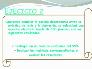 EJECICIO 2
Queremos estudiar la posible dependencia entre la
práctica de tenis y la depresión, se seleccionó una
muestra aleatoria simple de 100 jóvenes, con los
siguientes resultados:
 Trabajar en un nivel de confianza del 95%.
 Realizar las hipótesis correspondientes y
evaluar los resultados.
 