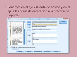 • Ponemos en el eje Y la nota de acceso y en el
eje X las horas de dedicación a la práctica de
deporte