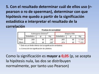 5. Con el resultado determinar cuál de ellos uso (r-
pearson o ro de speerman), determinar con que
hipótesis me quedo a partir de la significación
estadística e interpretar el resultado de la
correlación
Como la significación es mayor a 0,05 (p, se acepta
la hipótesis nula, las dos se distribuyen
normalmente, por tanto uso Pearson)
 