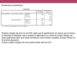 Nuestro margen de error es de 0,05, dado que la significación es menor que el mismo,
al rechazar la hipótesis nula y aceptar la alternativa no corremos ningún riesgo, por
tanto podríamos decir que existe correlación entre ambas variables, el peso influye en
el nivel de glucemia.
Incluso nuestro margen de error podría haber sido de 0,01.
 