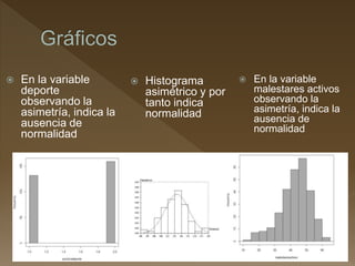  En la variable
deporte
observando la
asimetría, indica la
ausencia de
normalidad
 Histograma
asimétrico y por
tanto indica
normalidad
 En la variable
malestares activos
observando la
asimetría, indica la
ausencia de
normalidad
 