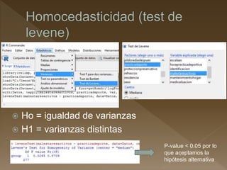  Ho = igualdad de varianzas
 H1 = varianzas distintas
P-value < 0.05 por lo
que aceptamos la
hipótesis alternativa
 