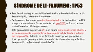 SÍNDROME DE LI-FRAUMENI: TP53
• Este fenotipo de gran variabilidad recibe el nombre de síndrome de Li-
Fraumeni (LFS, Li-Fraumenisyndrome).
• Se ha comprobado que los miembros afectados de las familias con LFS
son portadores de una forma mutante del gen TP53 en forma de una
mutación en las células germinales.
• Este gen codifica la proteína p53 que es una proteína de unión al ADN y
es un componente importante de la respuesta celular frente a la lesión
del propio ADN. Además es un factor de transcripción que activa la
trascripción de genes que interrumpen la división celular y que facilitan
la reparación de las alteraciones del ADN.
 
