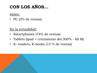 CON LOS AÑOS…
Antes:
• PC (2% de ventas)


En la actualidad:
• Smartphones (74% de ventas)
• Tablets (ipad = crecimiento del 300% - 60 M)
• E- readers, E-books (15 % de ventas)
 