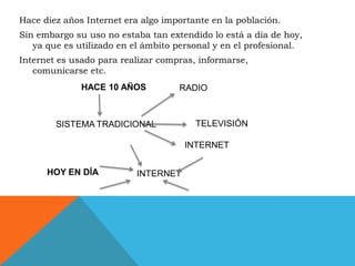Hace diez años Internet era algo importante en la población.
Sin embargo su uso no estaba tan extendido lo está a día de hoy,
   ya que es utilizado en el ámbito personal y en el profesional.
Internet es usado para realizar compras, informarse,
   comunicarse etc.
              HACE 10 AÑOS          RADIO



        SISTEMA TRADICIONAL             TELEVISIÓN

                                     INTERNET


      HOY EN DÍA          INTERNET
 