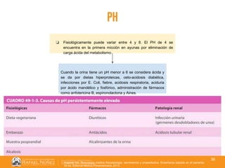 01/08/2018
36
ph
❏ Fisiológicamente puede variar entre 4 y 8. El PH de 4 se
encuentra en la primera micción en ayunas por eliminación de
carga ácida del metabolismo.
Argente HA. Semiologia medica fisiopatologia, semiotecnia y propedéutica. Enseñanza basada en el paciente.
2a ed. Editorial Médica Panamericana; 2013.
Cuando la orina tiene un pH menor a 6 se considera ácida y
se da por dietas hiperproteicas, ceto-acidosis diabética,
infecciones por E. Coli, fiebre, acidosis respiratoria, aciduria
por ácido mandélico y fosfórico, administración de fármacos
como anfotericina B, espironolactona y Aines.
 