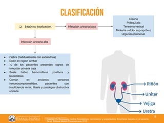 01/08/2018
8
clasificación
❏ Según su localización. Infección urinaria baja
Infección urinaria alta
Disuria
Polaquiuria
Tenesmo vesical
Molestia o dolor suprapúbico
Urgencia miccional.
Argente HA. Semiologia medica fisiopatologia, semiotecnia y propedéutica. Enseñanza basada en el paciente.
2a ed. Editorial Médica Panamericana; 2013.
● Fiebre (habitualmente con escalofríos)
● Dolor en región lumbar
● ⅓ de los pacientes presentan signos de
infección urinaria baja
● Suele haber hemocultivos positivos y
leucocitosis
● Común en ancianos, personas
inmunocomprometidas, pacientes con
insuficiencia renal, litiasis y patología obstructiva
urinaria.
 