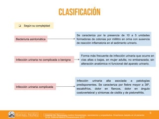 01/08/2018
9
clasificación
❏ Según su complejidad
Bacteriuria asintomática
Infección urinaria no complicada o benigna
Se caracteriza por la presencia de 10 a 5 unidades
formadoras de colonias por mililitro en orina con ausencia
de reacción inflamatoria en el sedimento urinario.
Argente HA. Semiologia medica fisiopatologia, semiotecnia y propedéutica. Enseñanza basada en el paciente.
2a ed. Editorial Médica Panamericana; 2013.
Forma más frecuente de infección urinaria que ocurre en
vías altas o bajas, en mujer adulta, no embarazada, sin
alteración anatómica ni funcional del aparato urinario.
Infección urinaria complicada
Infección urinaria alta asociada a patologías
predisponentes. Se caracteriza por fiebre mayor a 38º,
escalofríos, dolor en flancos, dolor en ángulo
costovertebral y síntomas de cistitis y de pielonefritis.
 