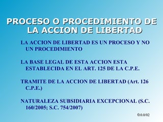 [object Object],LA ACCION DE LIBERTAD ES UN PROCESO Y NO UN PROCEDIMIENTO LA BASE LEGAL DE ESTA ACCION ESTA ESTABLECIDA EN EL ART. 125 DE LA C.P.E. TRAMITE DE LA ACCION DE LIBERTAD (Art. 126 C.P.E.) NATURALEZA SUBSIDIARIA EXCEPCIONAL (S.C. 160/2005; S.C. 754/2007) 0 .0.0/02 
