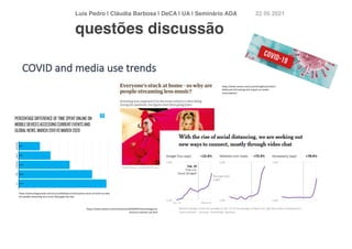 Luís Pedro | Cláudia Barbosa | DeCA | UA | Seminário AD
A	
22 05 2021
questões discussão
https://www.nielsen.com/us/en/insights/article/2
020/covid-19-tracking-the-impact-on-media-
consumption/
https://www.nytimes.com/interactive/2020/04/07/technology/cor
onavirus-internet-use.html
https://www.theguardian.com/music/2020/apr/17/everyones-stuck-at-home-so-why-
are-people-streaming-less-music-lady-gaga-dua-lipa
COVID and media use trends
 