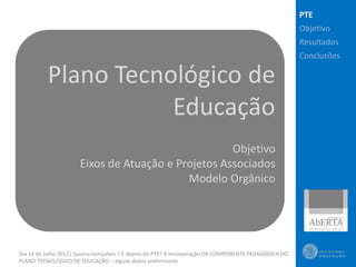 PTE
                                                                                                       Objetivo
                                                                                                       Resultados
                                                                                                       Conclusões

          Plano Tecnológico de
                     Educação
                                                    Objetivo
                      Eixos de Atuação e Projetos Associados
                                           Modelo Orgânico




Dia 14 de Julho 2012| Susana Gonçalves | E depois do PTE? A incorporação DA COMPONENTE PEDAGÓGICA DO
PLANO TECNOLÓGICO DE EDUCAÇÃO – alguns dados preliminares
 