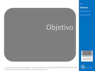 PTE
                                                                                                       Objetivo
                                                                                                       Resultados
                                                                                                       Conclusões




                                                         Objetivo



Dia 14 de Julho 2012| Susana Gonçalves | E depois do PTE? A incorporação DA COMPONENTE PEDAGÓGICA DO
PLANO TECNOLÓGICO DE EDUCAÇÃO – alguns dados preliminares
 