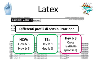 Latex
Differenti profili di sensibilizzazione

 HCW:            SB:            Hev b 8
                                  Cross
Hev b 5        Hev b 1
                                reattività
Hev b 6        Hev b 3         (profilina)
 