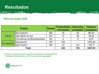 Resultados
Projeto Estado
Propriedades
contratadas
Nascentes
protegidas
Hectares
protegidos
Ativos
Brumadinho MG 12 29 391,81
São Bento do Sul SC 17 25 38,44
Corredores de Biodiversidade SC 3 3 8,97
Em stand by
Apucarana* PR 184 - 1304,28
São Paulo** SP 14 101 747,7
Total 230 155 2497,63
Números desde 2006
* Projeto em stand by desde o início da nova gestão municipal (jan/2013)
** Contratos encerrados em jun/2014 (nova fase em negociação)
 