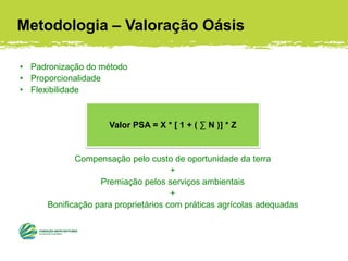 Metodologia – Valoração Oásis
• Padronização do método
• Proporcionalidade
• Flexibilidade
Compensação pelo custo de oportunidade da terra
+
Premiação pelos serviços ambientais
+
Bonificação para proprietários com práticas agrícolas adequadas
Valor PSA = X * [ 1 + ( ∑ N )] * Z
 