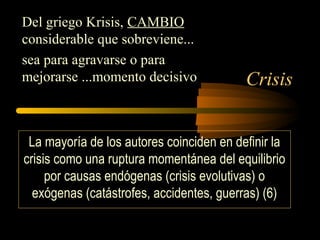 Crisis
Del griego Krisis, CAMBIO
considerable que sobreviene...
sea para agravarse o para
mejorarse ...momento decisivo
La mayoría de los autores coinciden en definir la
crisis como una ruptura momentánea del equilibrio
por causas endógenas (crisis evolutivas) o
exógenas (catástrofes, accidentes, guerras) (6)
 