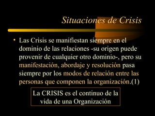 Situaciones de Crisis
• Las Crisis se manifiestan siempre en el
dominio de las relaciones -su origen puede
provenir de cualquier otro dominio-, pero su
manifestación, abordaje y resolución pasa
siempre por los modos de relación entre las
personas que componen la organización.(1)
La CRISIS es el continuo de la
vida de una Organización
 