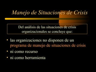 Manejo de Situaciones de Crisis
• las organizaciones no disponen de un
programa de manejo de situaciones de crisis
• ni como recurso
• ni como herramienta
Del análisis de las situaciones de crisis
organizacionales se concluye que:
 
