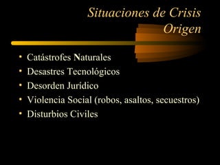 Situaciones de Crisis
Origen
• Catástrofes Naturales
• Desastres Tecnológicos
• Desorden Jurídico
• Violencia Social (robos, asaltos, secuestros)
• Disturbios Civiles
 