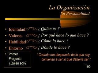 La Organización
Su Personalidad
• Identidad
• Valores
• Habilidad
• Entorno
¿ Quién es ?
¿ Dónde lo hace ?
¿ Cómo lo hace ?
¿ Por qué hace lo que hace ?
• Primer
Pregunta:
¿Quién soy?
“ Cuando me desprendo de lo que soy,
comienzo a ser lo que debería ser ”
Tao
 