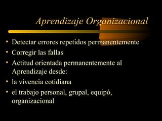 Aprendizaje Organizacional
• Detectar errores repetidos permanentemente
• Corregir las fallas
• Actitud orientada permanentemente al
Aprendizaje desde:
• la vivencia cotidiana
• el trabajo personal, grupal, equipó,
organizacional
 