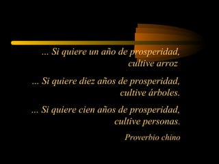 ... Si quiere un año de prosperidad,
cultive arroz
... Si quiere diez años de prosperidad,
cultive árboles.
... Si quiere cien años de prosperidad,
cultive personas.
Proverbio chino
 