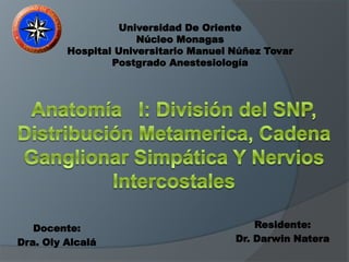 Universidad De Oriente
Núcleo Monagas
Hospital Universitario Manuel Núñez Tovar
Postgrado Anestesiología
Residente:
Dr. Darwin Natera
Docente:
Dra. Oly Alcalá
 
