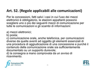 Art. 52. (Regole applicabili alle comunicazioni)
Per le concessioni, fatti salvi i casi in cui l'uso dei mezzi
elettronici...