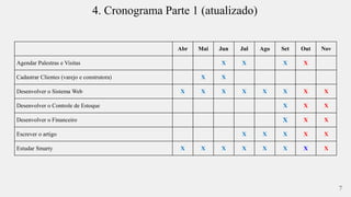 4. Cronograma Parte 1 (atualizado) 
Abr Mai Jun Jul Ago Set Out Nov 
Agendar Palestras e Visitas X X X X 
Cadastrar Clientes (varejo e construtora) X X 
Desenvolver o Sistema Web X X X X X X X X 
Desenvolver o Controle de Estoque X X X 
Desenvolver o Financeiro X X X 
Escrever o artigo X X X X X 
Estudar Smarty X X X X X X X X 
7 
 
