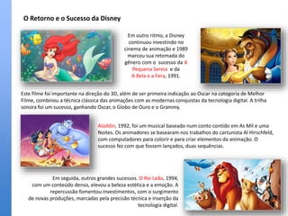 O Retorno e o Sucesso da Disney
Em outro ritmo, a Disney
continuou investindo no
cinema de animação e 1989
marcou sua retomada do
gênero com o sucesso da A
Pequena Sereia e da
A Bela e a Fera, 1991.
Este filme foi importante na direção do 3D, além de ser primeira indicação ao Oscar na categoria de Melhor
Filme, combinou a técnica clássica das animações com as modernas conquistas da tecnologia digital. A trilha
sonora foi um sucesso, ganhando Oscar, o Globo de Ouro e o Grammy.
Em seguida, outros grandes sucessos. O Rei Leão, 1994,
com um conteúdo denso, elevou a beleza estética e a emoção. A
repercussão fomentou investimentos, com o surgimento
de novas produções, marcadas pela precisão técnica e inserção da
tecnologia digital.
Aladdin, 1992, foi um musical baseado num conto contido em As Mil e uma
Noites. Os animadores se basearam nos trabalhos do cartunista Al Hirschfeld,
com computadores para colorir e para criar elementos da animação. O
sucesso fez com que fossem lançados, duas sequências.
 