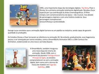 1995, uma importante etapa das tecnologias digitais. Toy Story, Pixar e
Disney, foi a primeira animação totalmente digitalizada. Recebeu Oscar
especial por sua contribuição às Artes Cinematográficas. O filme
rompeu com convencionalismos da época - não musical, mas dotado
de personagens originais e com uma história moderna. Seus
personagens transpareciam
verossimilhança e profundidade.
George Lucas constatou que a animação digital tornara-se um padrão na indústria, sendo capaz de garantir
qualidade às produções.
Os Estúdios Disney e Pixar tornaram-se referência na animação 3D. No entanto, gradualmente, essa hegemonia
passou a ser ameaçada por outros estúdios, como a DreamWorks Animation SKG e a 20th Century Fox
Animation, evidenciando-se uma nova e acirrada disputa.
A DreamWorks, também inaugurou
uma nova etapa do cinema de
animação. Desde 1998, com o
lançamento do pioneiro Formiguinhaz e
Príncipe do Egito, os estúdios
comprometeram-se com a animação
digital, bem como com a técnica de
massa de modelar em Fuga das
Galinhas, 2000.
 