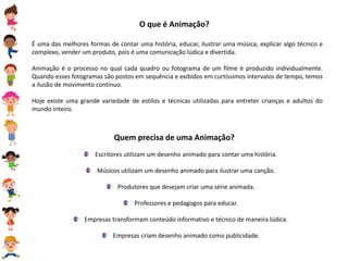 O que é Animação?
É uma das melhores formas de contar uma história, educar, ilustrar uma música, explicar algo técnico e
complexo, vender um produto, pois é uma comunicação lúdica e divertida.
Animação é o processo no qual cada quadro ou fotograma de um filme é produzido individualmente.
Quando esses fotogramas são postos em sequência e exibidos em curtíssimos intervalos de tempo, temos
a ilusão de movimento contínuo.
Hoje existe uma grande variedade de estilos e técnicas utilizadas para entreter crianças e adultos do
mundo inteiro.
Quem precisa de uma Animação?
Escritores utilizam um desenho animado para contar uma história.
Músicos utilizam um desenho animado para ilustrar uma canção.
Produtores que desejam criar uma série animada.
Professores e pedagogos para educar.
Empresas transformam conteúdo informativo e técnico de maneira lúdica.
Empresas criam desenho animado como publicidade.
 